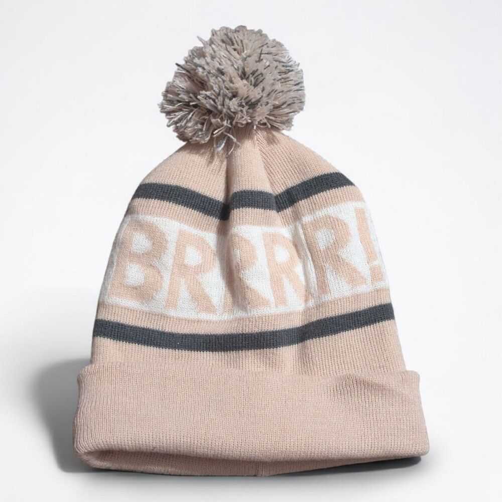BRRR Pom Pom Beanie Hat, Winter Knit Cuffed Beanie, Cold Weather Cap